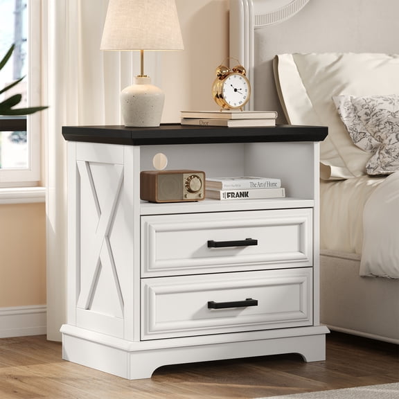 24 Inch Wide Farmhouse Nightstands with Charging Station, White Nightstand with 2 Large Drawers, Rustic Wood End Table for Bedroom