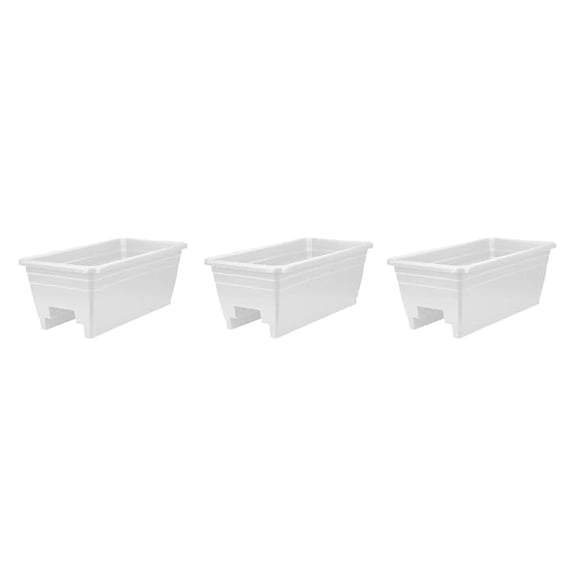 24 Inch Wide Heavy Duty Plastic Deck Rail Mounted Garden Flower Planter Boxes with Removable Drainage Plugs, White (3 Pack)