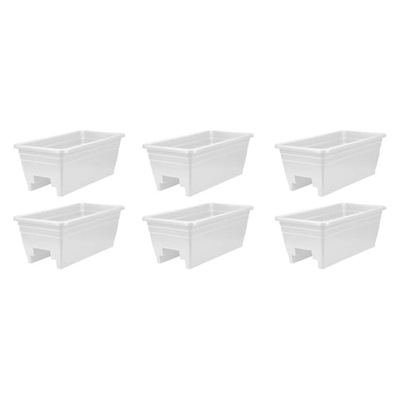 24 Inch Wide Heavy Duty Plastic Deck Rail Mounted Garden Flower Planter Boxes with Removable Drainage Plugs, White (6 Pack)