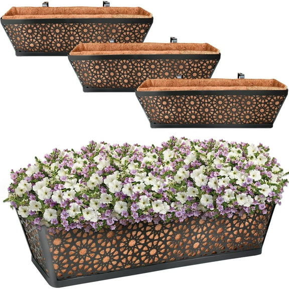 24 Inch Window Box with Coco Liner, 4 Pack Sturdy Metal Flower Railing Planter with Coco Coir Basket Liners for Window Deck Fence Porch Balcony and Patio Outdoor Indoor Lawn