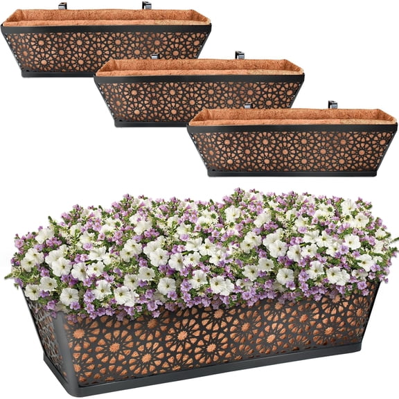 24 Inch Window Box with Coco Liner, 4 Pack Sturdy Metal Flower Railing Planter Coir Basket Liners for Deck Fence Porch Balcony and Patio Outdoor Indoor Lawn