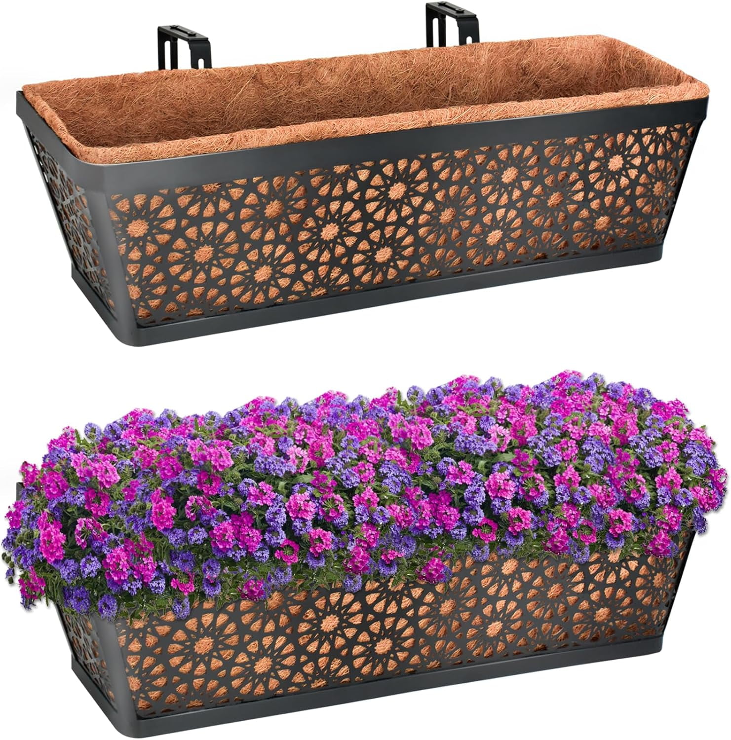 24 Inch Window Boxes Planters, 2 Pack Sturdy Metal Deck Flower Railing Planter Box with Coco Liners for Indoor Outdoor Decor, Adjustable Rail Planter for Window Fence Porch Balcony Patio Lawn