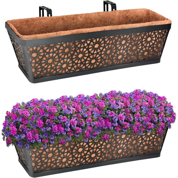 24 Inch Window Boxes Planters, 2 Pack Sturdy Metal Deck Flower Railing Planter Box with Coco Liners for Indoor Outdoor Decor, Adjustable Rail Planter for Window Fence Porch Balcony Patio Lawn