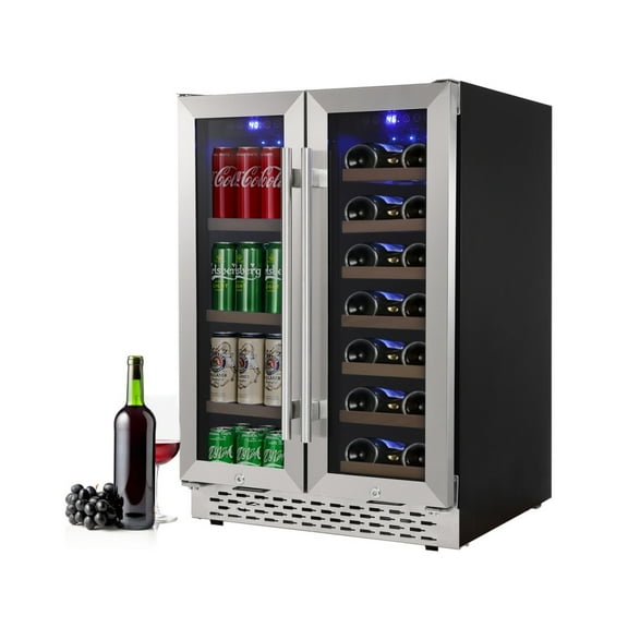 24 Inch Wine and Beverage Refrigerator,Dual Zone Wine Cooler with Holds 55 Cans & 20 Bottles Wine Capacity, 120L Built-in and Freestanding,with Independent Temperature Control