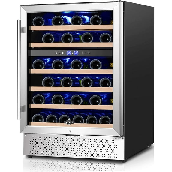 24 Inch Wine Cooler Refrigerator 46 Bottle Dual Zone Built-in or Freestanding 24'' Wine Fridge with Stainless Steel & Professional Compressor and Temperature Memory Function
