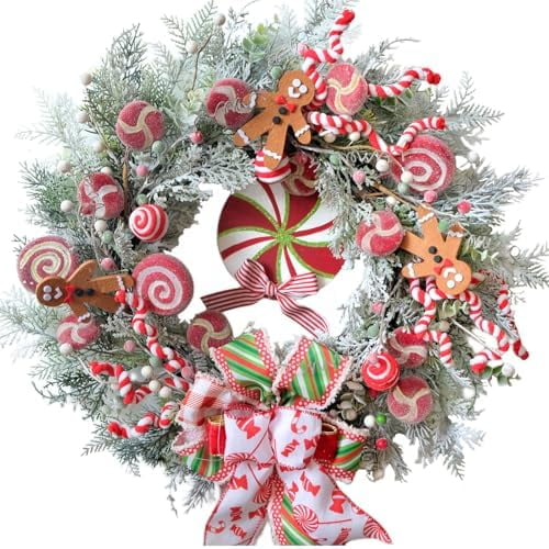 24 Inch Winter Christmas Candy Cane Wreath for Front Door, Christmas Red White Xmas Indoor Outdoor Candy Gingerbread Wreath, Holiday Wreaths for Window Wall$$Home Decor, Kitchen, & Other