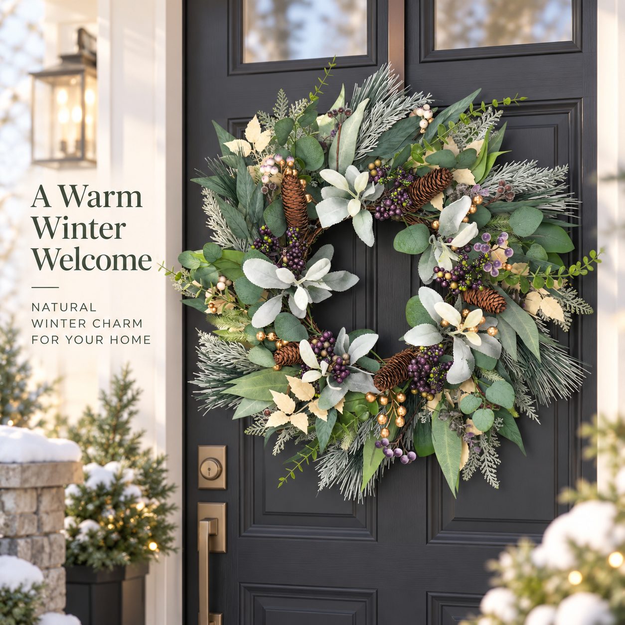 24 Inch Winter Wreath for Front Door, Artificial Eucalyptus and Frosted Pine Wreath with Purple Berries, Pinecones, Christmas Decor
