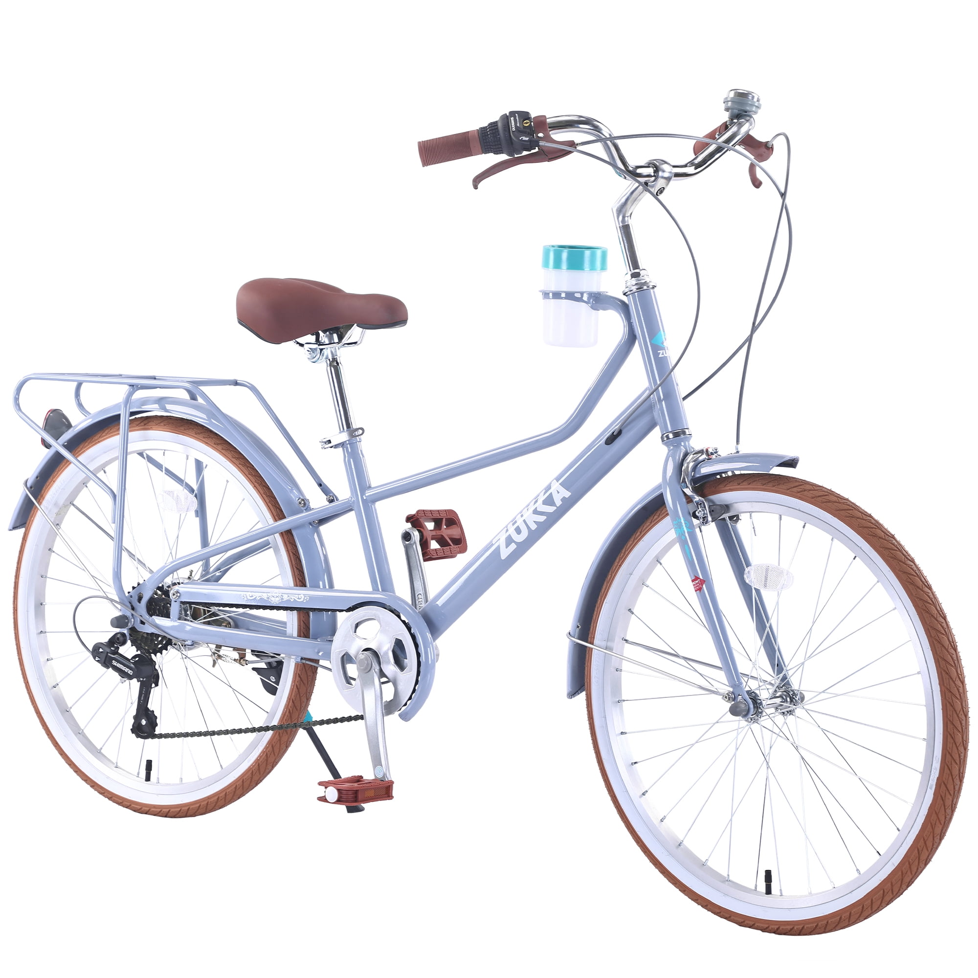 24 Inch Women's Cruiser Bike, 6 Speed Step-Through Commuter Bicycle with Rear Rack & Cup Holder, Adult City Bike