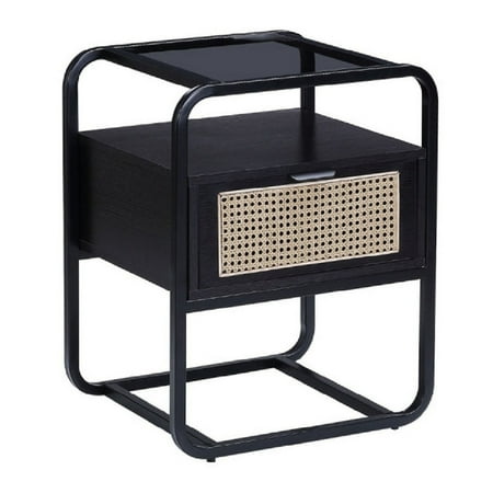 Benjara 24 Inch Wood Accent Table, Tempered Glass Table Top, Pull Out Drawer, Black