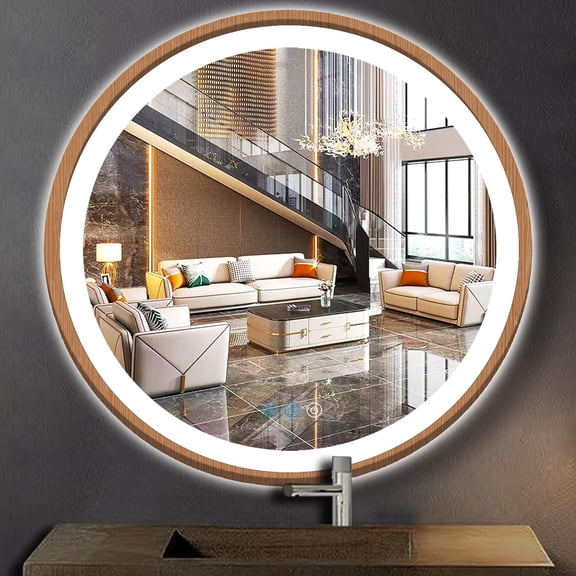 24 Inch Wood Bathroom Round LED Mirror with Lights Wood Frame Round Lighted Mirror for Bathroom Wall Round Vanity Lighted Mirrors 3 Color Dimmable Anti Fog Bathroom Circle Smart Light up Mirror
