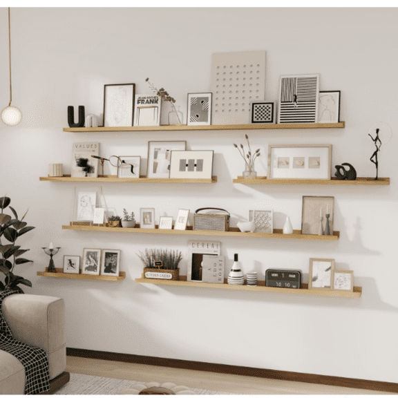 24 Inch Wood Floating Shelves with Lip Set of 2, Photo Ledge Shelf Nursery Bookshelf Wall Mounted for Living Room Bedroom Decor, Natural