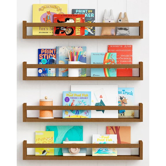 24 Inch Wooden Floating  Book Shelves for Wall, Walnut  Bookshelf Wall Mounted for  , Large  Floating Bookshelves for ChildToys Classroom Books Decor (Dark Brown)