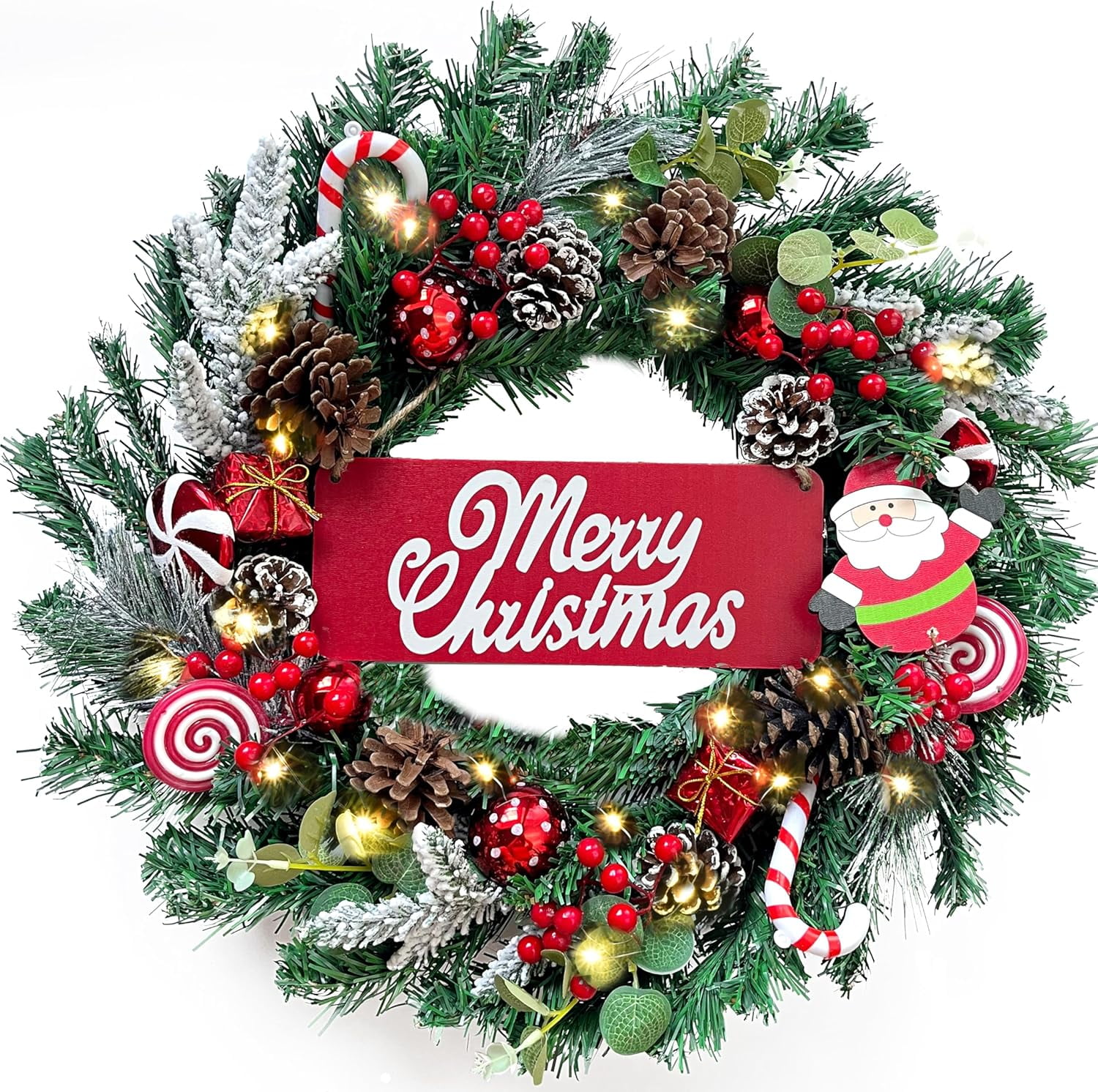 24-Inch Red and White Pine Christmas Wreath with Lights