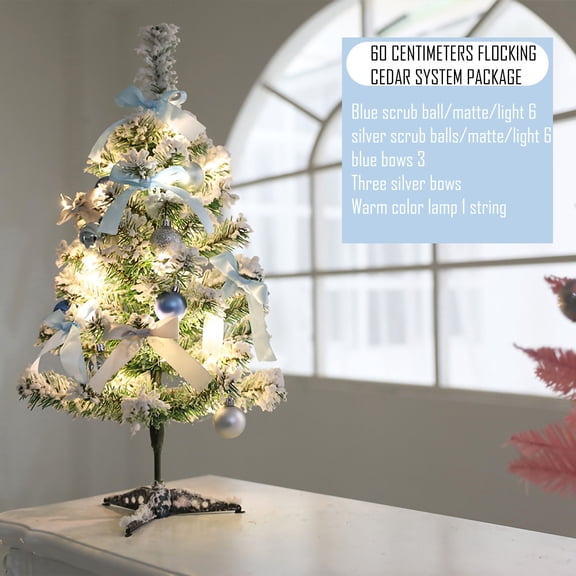 24-Inch Xmas Tree Set - Flocked Snow Pine Blue Themed Ins Style Xmas Tree Set, Flocked Christmas Tree Decoration For Home Office Party Classroom, Gift For Family Friends