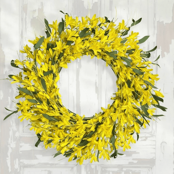 24 Inch Yellow Forsythia Door Wreath, Handmade Artificial Summer Wreath for Front Door Outside, Farmhouse Window Wall Decor Home Gift
