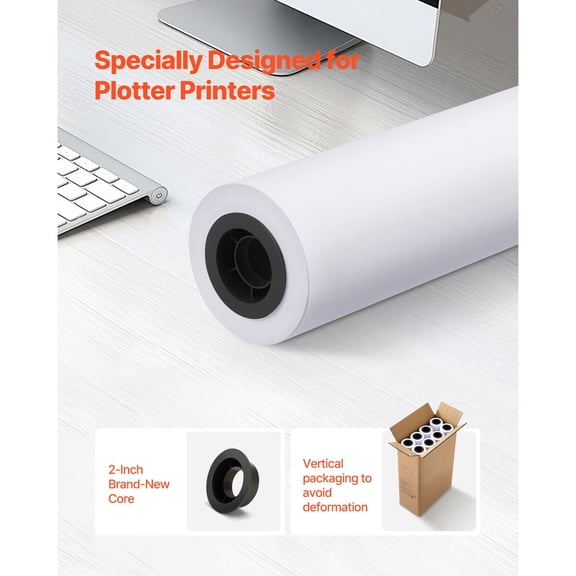 24 Inch by 150 Feet Wide Format Plotter Paper Roll 8 Rolls 20 LB CAD Bond Paper for Engineering Plans Architectural Designs GIS Maps