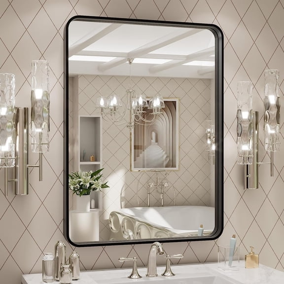 24 Inch by 32 Inch Black Metal Framed Bathroom Mirror, Matte Black Finish, Rounded Rectangle Shape, Anti-Rust, Horizontal or Vertical Mount