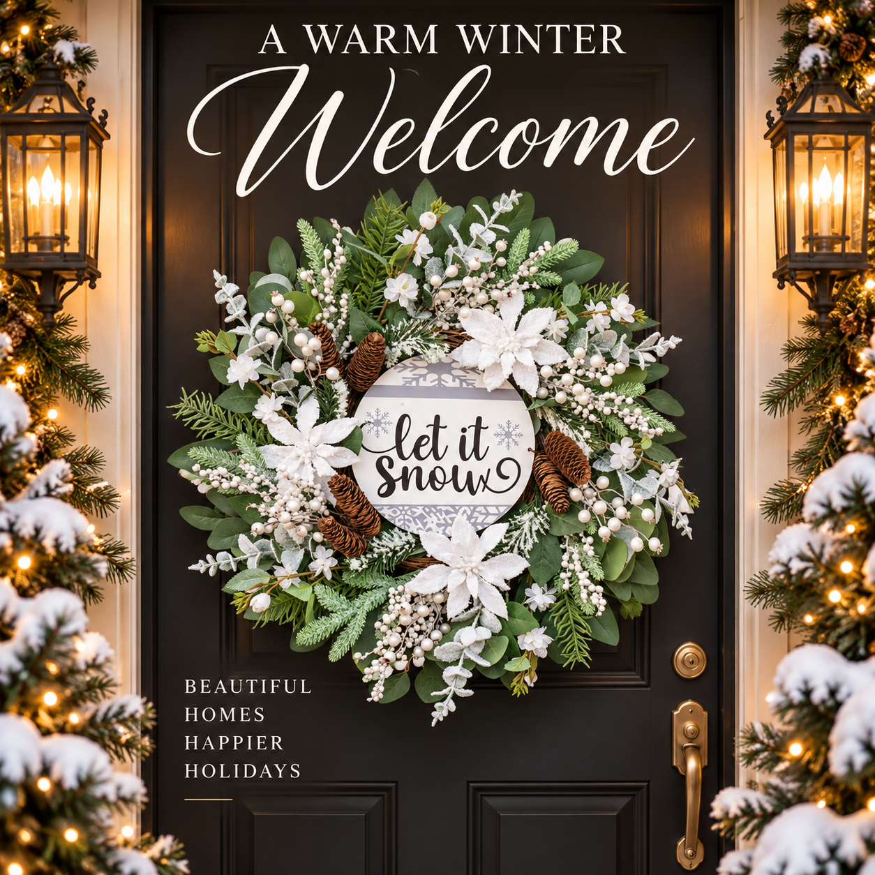 24 Inch Christmas Wreath with Let It Snow Wooden Sign, Snow-Flocked Greenery, White Flowers, Berries and Pine Cones, Winter Holiday Front Door Decor