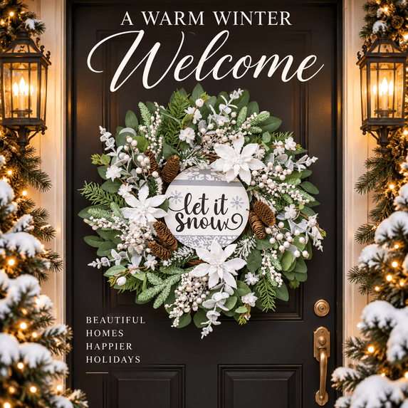 24 Inch Christmas Wreath with “Let It Snow” Wooden Sign, Snow-Flocked Greenery, White Flowers, Berries and Pine Cones, Winter Holiday Front Door Decor