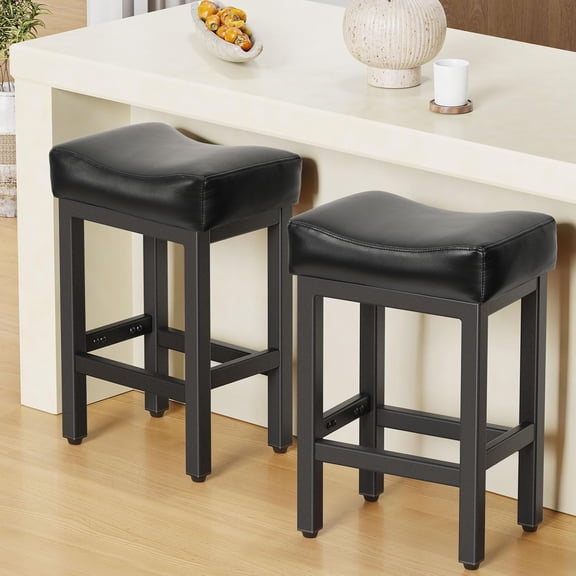 24 Inche Bonded Leather Counter Height Bar Stools Set of 2 Square | Barstools with Thick Bonded Leather Saddle Seats & Heavy Duty Metal Base for Kitchen Counter, Easy Assembly, All Black