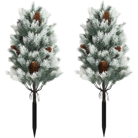 24 Inches Artificial Cedar Topiary Trees with Ground Spike, Set of 2 UV Resistant Faux Cypress Plants,Christmas Faux Outdoor Plants for Room Front Porch Garden Backyard Decor (White2)