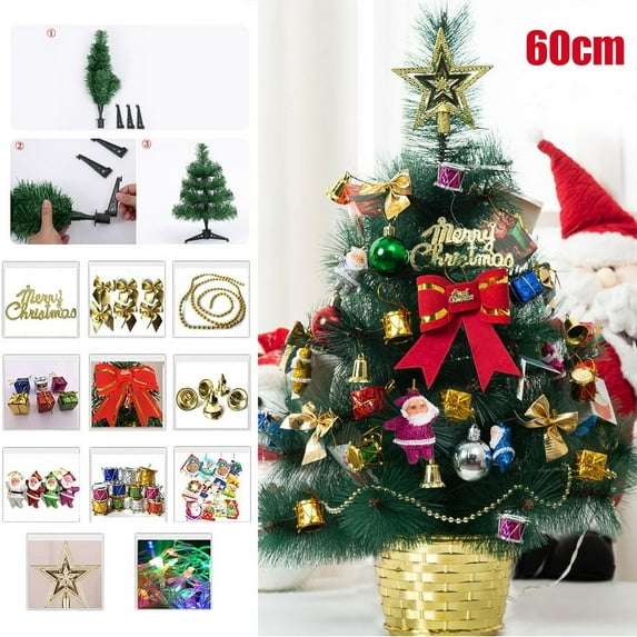 24 Inches Artificial Tabletop Christmas Tree, Mini Xmas Decor Tree with LED Lights for Home Office Shop, 1Pcs