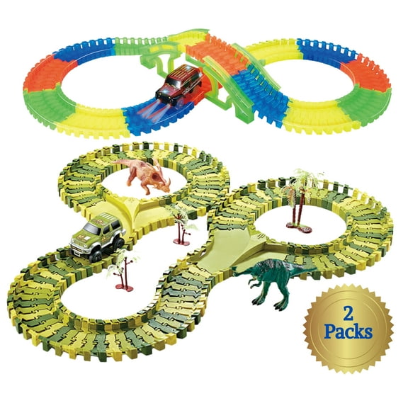 24 Inches Assembled Battery Operated Glow in Dark Twister & Dinosaurs Race Tracks, Dinos, Trees, Trucks and Accessories Play Set - 2 Packs