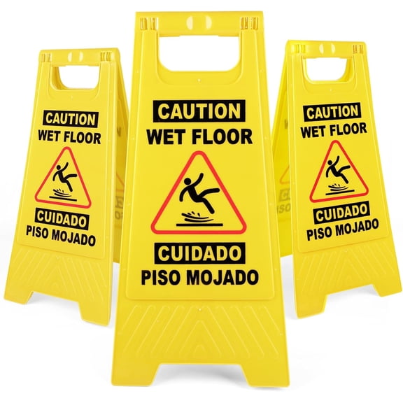 24 Inches Caution Wet Floor Sign, 3PCAK Yellow Bilingual Double-Sided Safety Warning Signs,A Frame Safety Wet Floor Signs Commercial