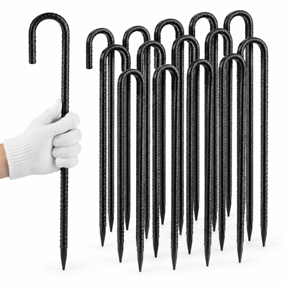 24 Inches J Hook Rebar Stakes (16-pack) Extra Long Garden With Chisel Point End Steel Ground For Tent Chain Link Fence And Outdoo