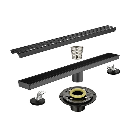 24 Inches Linear Shower Drain with Removable Quadrato Pattern Grate, 304 Stainless Shower Drain Included Hair Strainer and Leveling Feet, Flange