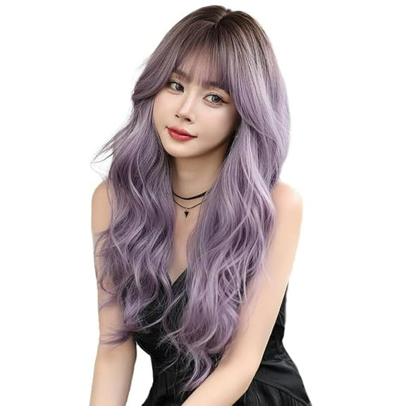 24 Inches Long Wavy Curly Wig for Women Purple Gray Synthetic Hair Natural Curly Wig With Airy Bangs Party Cosplay Wig, Ombre Purple