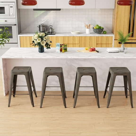 24 Inches Metal Bar Stools Outdoor Stools Bar Height High Backless Stools Indoor Stackable Kitchen Stools Set of 4 Metal Dining Chairs for Patio Home Classroom Stools, Bronze