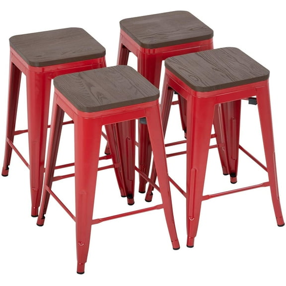 24 Inches Metal Bar Stools Set of 4 Counter Height Wood Seat Barstool Patio Stool Stackable Backless Stool Indoor Outdoor Metal Kitchen Stools Bar Chairs (Red)
