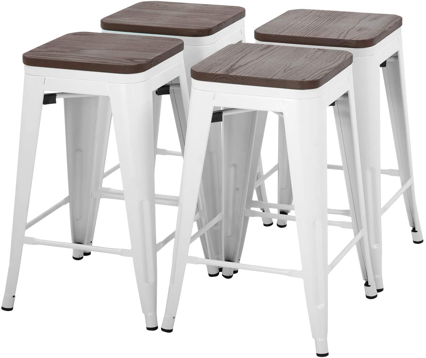 24 Inches Metal Bar Stools Set of 4 Counter Height Wood Seat Barstool Patio Stool Stackable Backless Stool Indoor Outdoor Metal Kitchen Stools Bar Chairs (White) - image 1 of 7