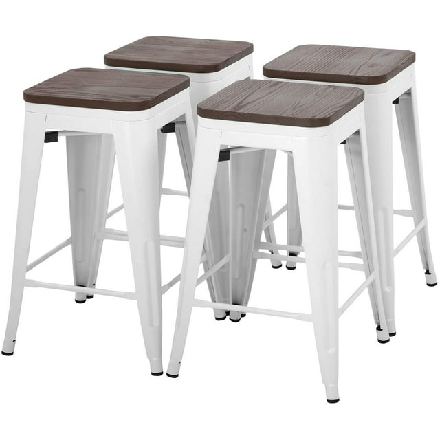 24 Inches Metal Bar Stools Set of 4 Counter Height Wood Seat Barstool Patio Stool Stackable Backless Stool Indoor Outdoor Metal Kitchen Stools Bar Chairs (White)