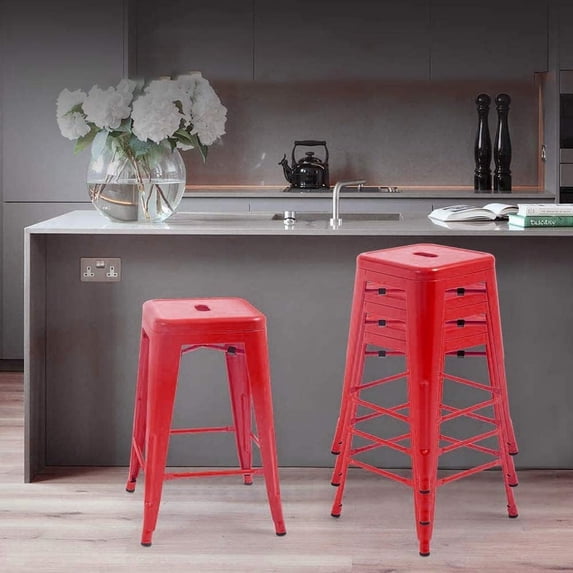 24 Inches Metal Bar Stools Set of 4, High Backless Indoor Outdoor Counter Height Stools Stackable Metal Bar Chairs for Kitchen Dining Counter Café Pub Bistro 330LBS Weight Capacity (Red)