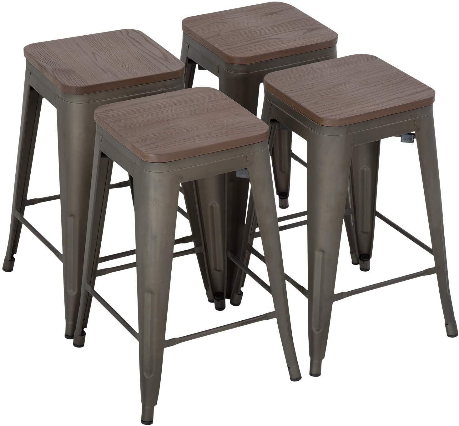 Bronze and Wood Industrial Stackable 24" Bar Stools, Set of 4