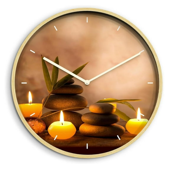 24 Inches Round Wooden Wall Clock Silent Battery Operated, Home Decorative Large Wall Clock, Candle and Stone Clock Wall Art Decor for Living Room Kitchen Bedroom Office Classroom