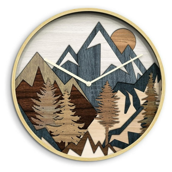 24 Inches Round Wooden Wall Clock Silent Battery Operated, Home Decorative Large Wall Clock, Range Forest Clock Wall Art Decor for Living Room Kitchen Bedroom Office Classroom