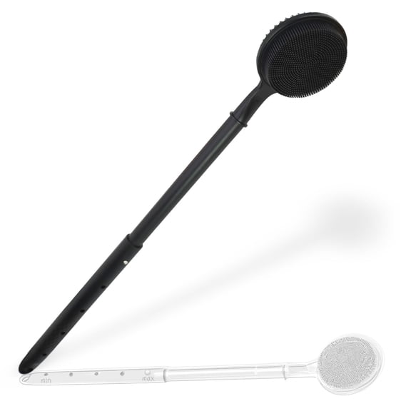24 Inches Silicone Back Scrubber for Shower - Extendable Long Handle Shower Brush with Dual-Sided Bristles - Exfoliating Body Scrubber for Sensitive Skin - Perfect for Men & Women (Black)