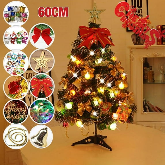24 Inches Tabletop Christmas Tree with LED Lights and Hanging Ornaments, Table Xmas Tree for Home Indoor, 1Pcs
