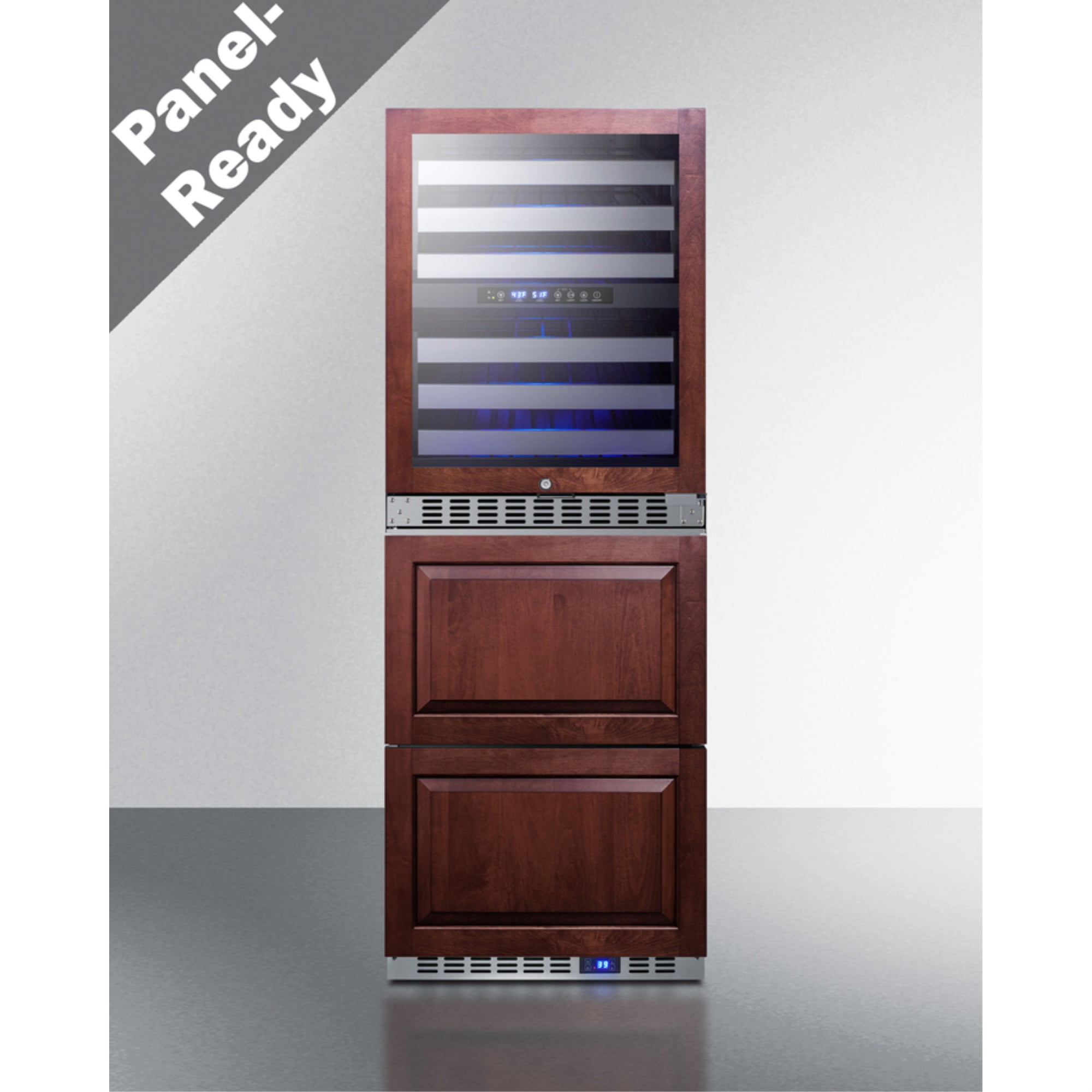 24 Inches wide combination built-in/freestanding upright dual zone wine cellar and 2-drawer refrigerator, panel-ready front