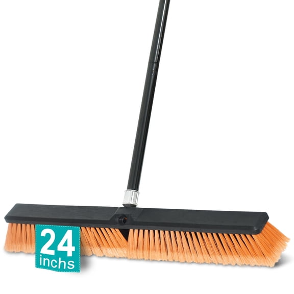 24 Inchs Push Broom Outdoor Heavy Duty, Shop Broom with 60" Long Handle for Cleaning Outdoor or Indoor Tile, Garage, Shop, Deck, Concrete, Wood, Stone, Patio Floor, 2 Pack