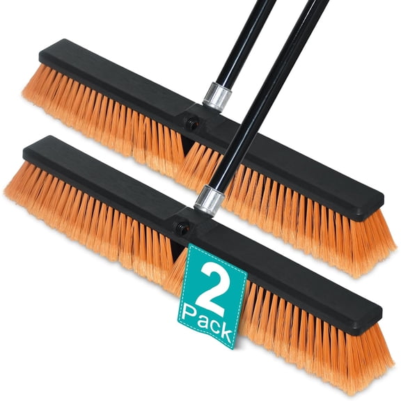 24 Inchs Push Broom Outdoor Heavy Duty, Shop Broom with 60" Long Handle for Cleaning Outdoor or Indoor Tile, Garage, Shop, Deck, Concrete, Wood, Stone, Patio Floor, 2 Pack