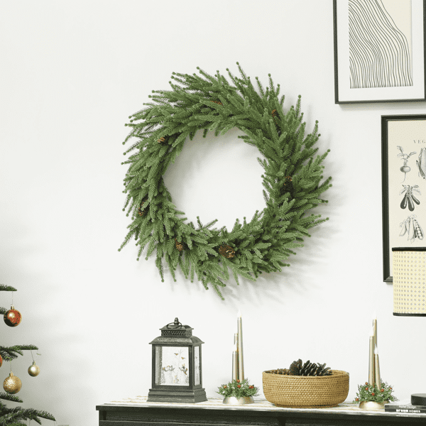 24" Indoor Christmas Wreath, Lifelike Norfolk Pine Design with 88 Moulded Tips, 7 Pine Cones for Doors, Walls, Mantels