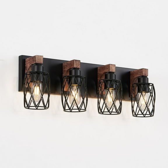 24" Industrial 4 Light Bathroom Vanity Light Fixture, Black Cage Wall Sconce with Wood Accents, Bathroom Light Fixtures Over Mirror, E26 Base, Bulbs Not Included