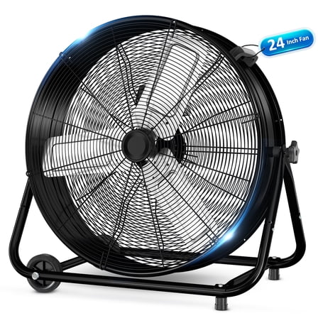 24” Industrial Drum Fan, 9260 CFM High Velocity Floor Fan, 3 Speed Air Circulator w/180°Tilt, Black