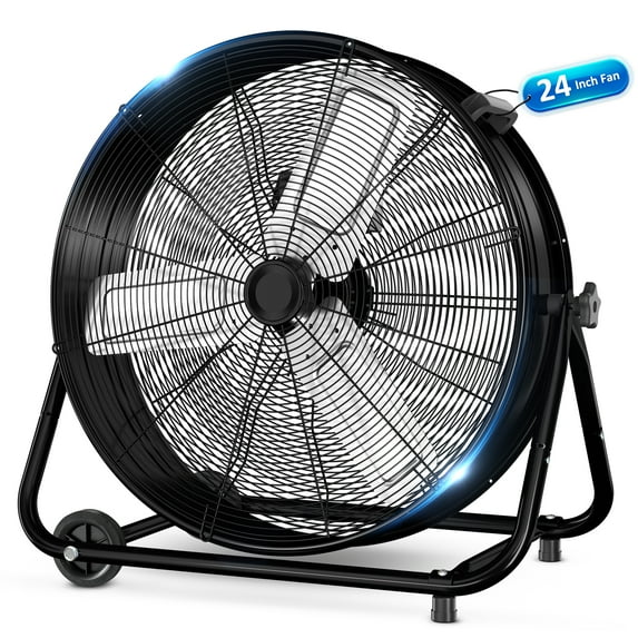 24” Industrial Drum Fan, 9260 CFM High Velocity Floor Fan, 3 Speed Air Circulator w/180°Tilt, Black