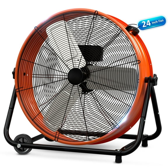 24” Industrial Drum Fan, PRO CHOICE 9260 CFM High Velocity Floor Fan, 3 Speed Air Circulator w/180°Tilt, Orange