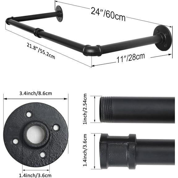 24" Industrial Pipe Clothes Rack - Heavy Duty Iron Garment Rack Bar for Closets, Laundry Rooms, and Retail Displays